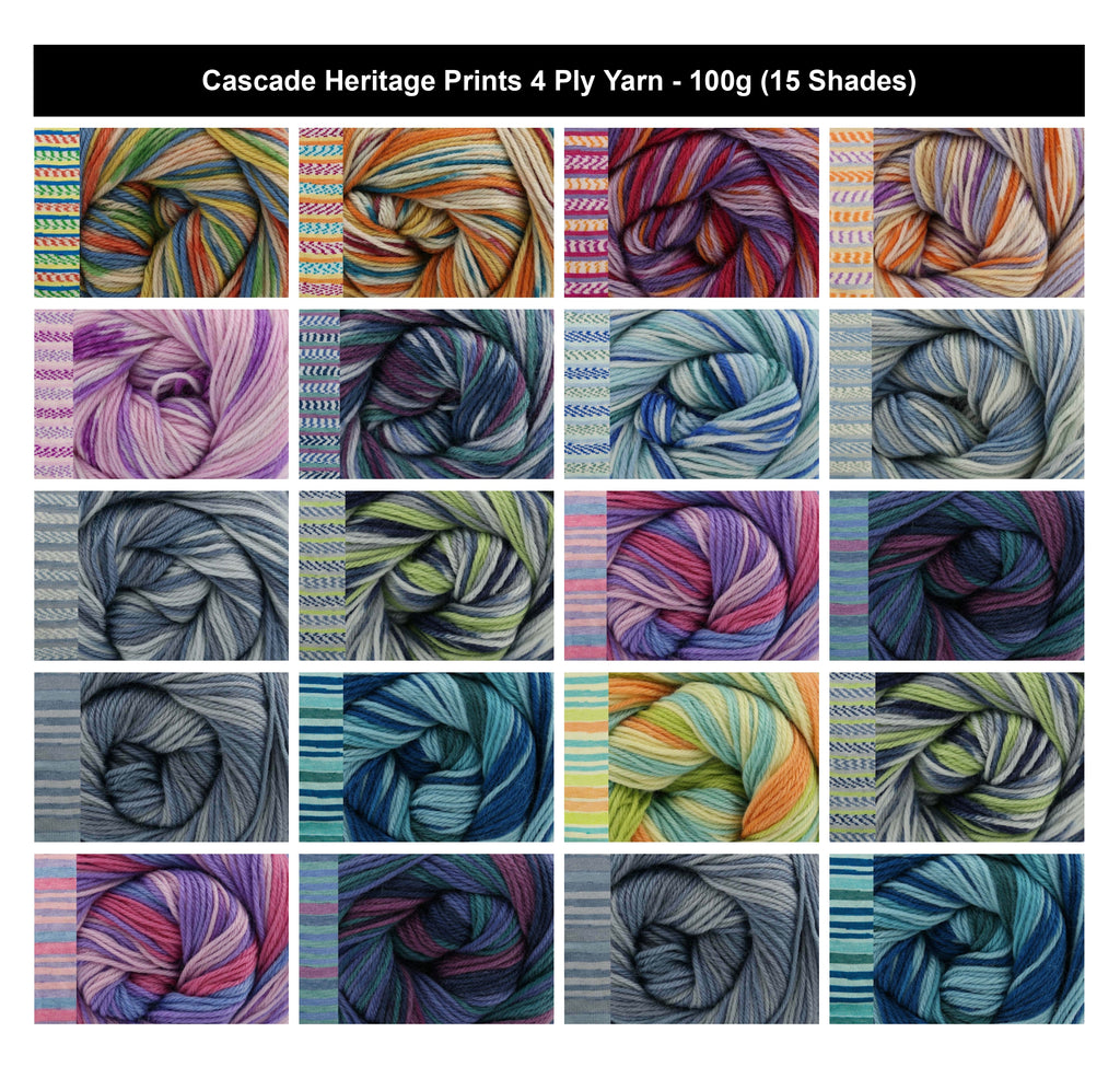 Cascade Heritage Prints 4 Ply Yarn - 100g, Luxury Wool & Nylon Blend Self-Patterning Variegated Crochet & Knitting Wool for Socks, Shawls & Accessories