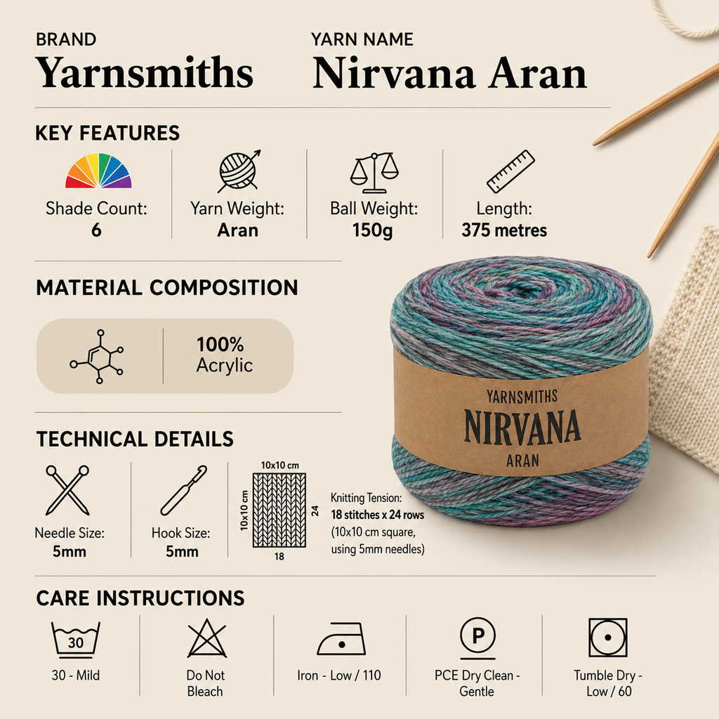 Yarnsmiths Nirvana Aran Crochet Yarn - 150g, Luxury 100% Acrylic Single-Ply Variegated Soft Knitting Crochet Yarn Cake for Cozy Blankets, Scarves & Headwear