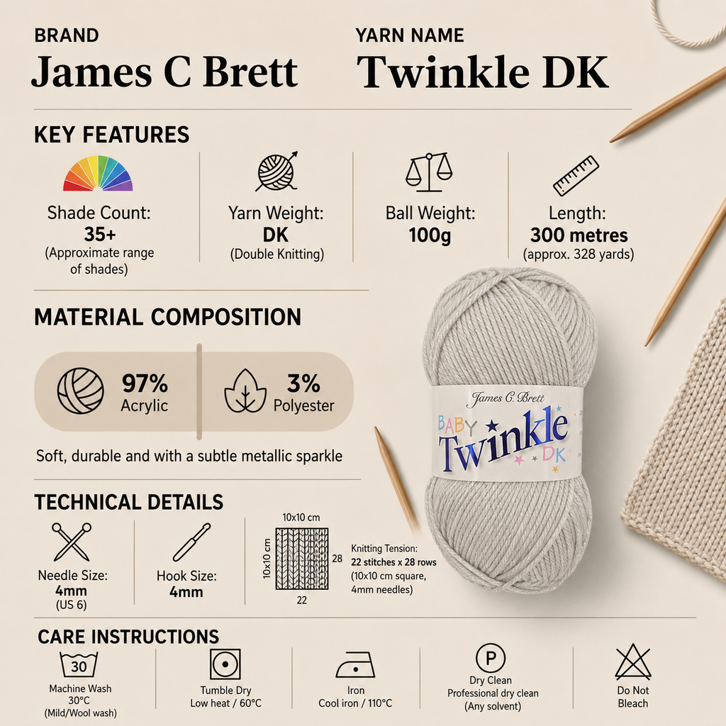 James C Brett Twinkle DK Yarn - 100g, Sparkly Polyester Acrylic Blend Crochet Double Knitting Wool with Metallic Thread for Gloves, Hats, Scarves & Accessories