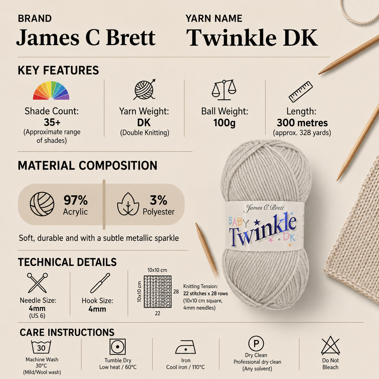 James C Brett Twinkle DK Yarn - 100g, Sparkly Polyester Acrylic Blend Crochet Double Knitting Wool with Metallic Thread for Gloves, Hats, Scarves & Accessories