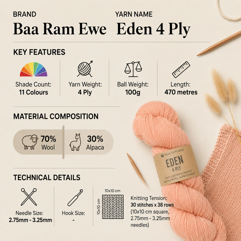 Baa Ram Ewe Eden 4 Ply Crochet Yarn - 100g, Natural Alpaca & Organic British Wool Blend Knitting Wool Yarn for Garments, Shawls, Scarves & Accessories