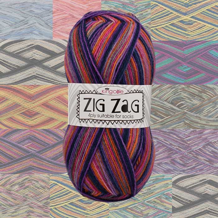 King Cole Zig Zag 4 Ply Yarn Premium Self-Striping Sock & Craft Wool Blend Knitting & Crochet Yarn for Socks & Accessories - 100g Ball