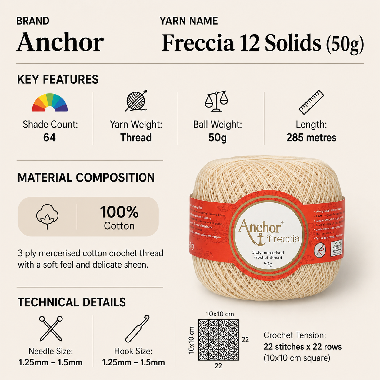 Anchor Freccia 12 Solids Crochet Thread Yarn - 50g, 100% Mercerised Cotton Crochet & Knitting Fine Lace Thread Yarn for Home Décor, Accessories & Baby Garments