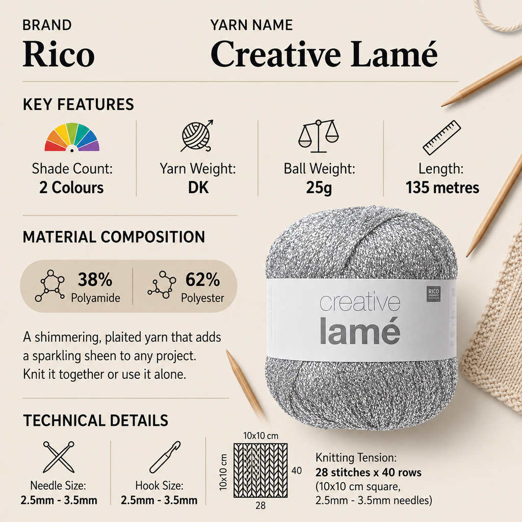 Rico Creative Lame DK Yarn for Crochet & Knitting - 25G, Polyamide Polyester Blend Metallic Sparkle Shimmer Double Knit Wool for Blankets, Amigurumi & Headwear