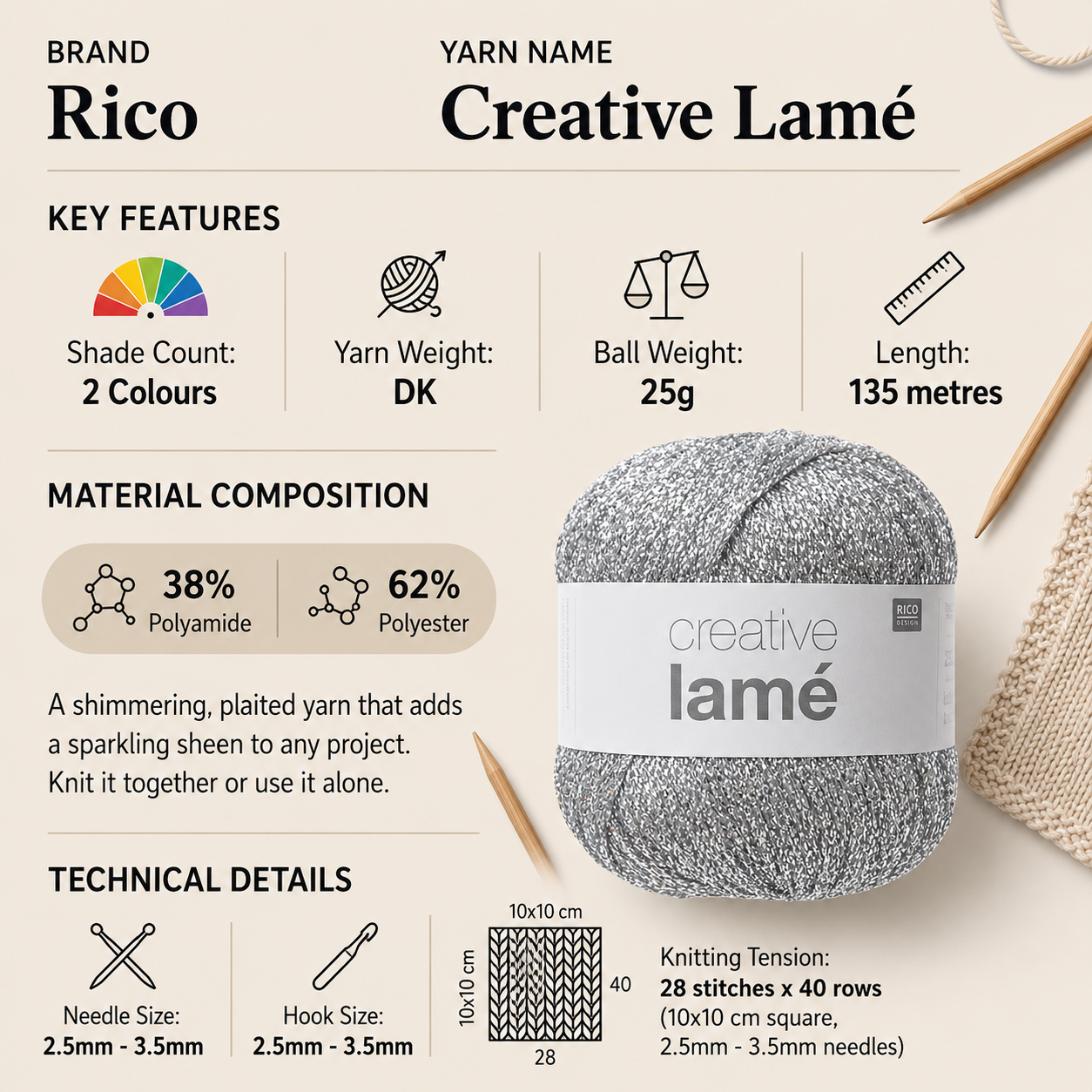 Rico Creative Lame DK Yarn for Crochet & Knitting - 25G, Polyamide Polyester Blend Metallic Sparkle Shimmer Double Knit Wool for Blankets, Amigurumi & Headwear