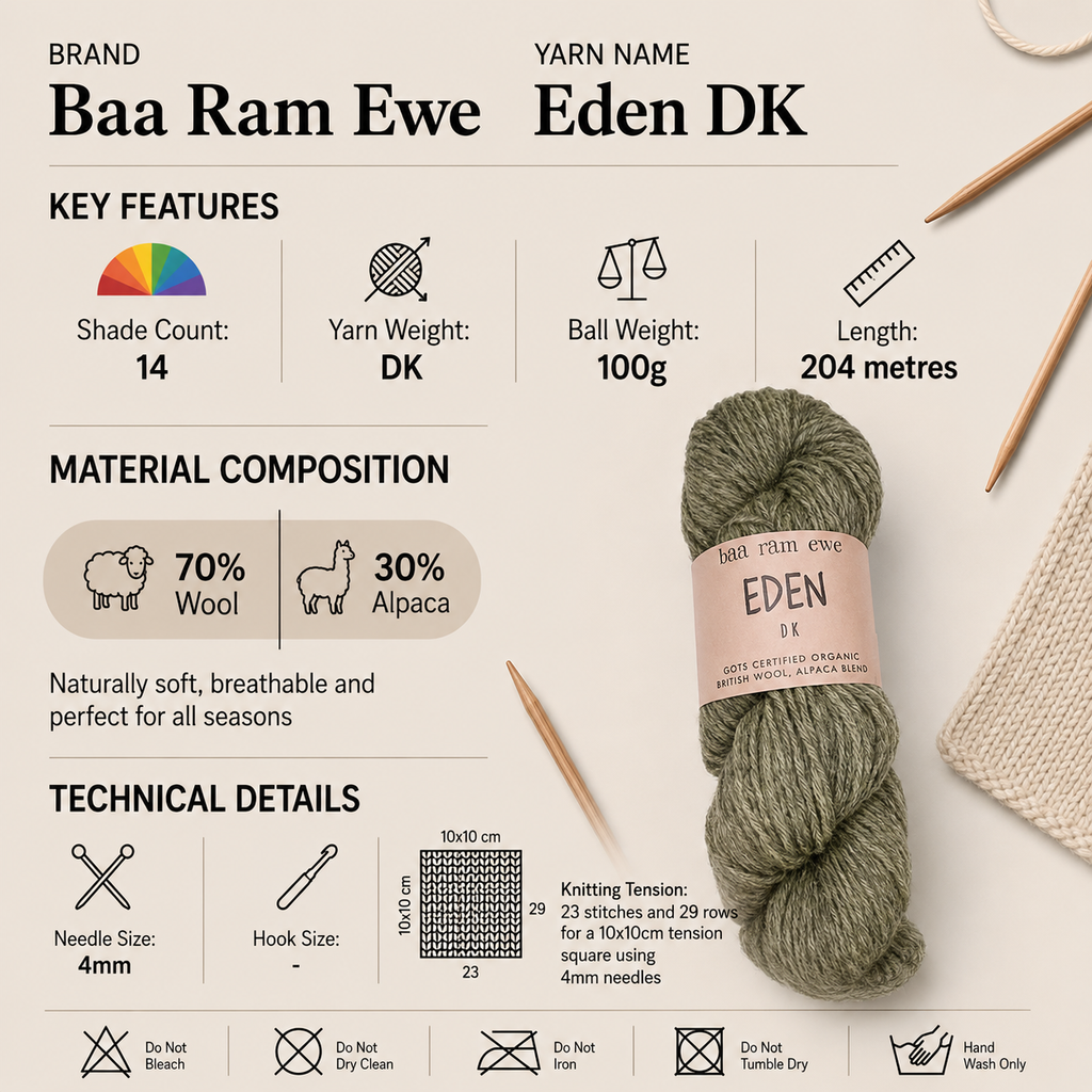 Baa Ram Ewe Eden DK Crochet Yarn - 100g, British Wool Alpaca Blend Knitting Yarn Misty Mountains Inspired for Cardigans, Sweaters, Hats, Mittens & Accessories
