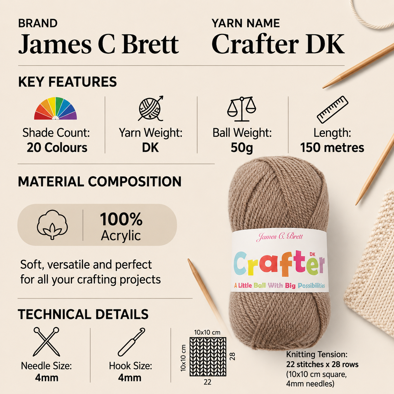 James C Brett Crafter DK Yarn for Crochet - 50g, 100% Acrylic Double Knitting Yarn for Toy Making, Colourwork & Crafts