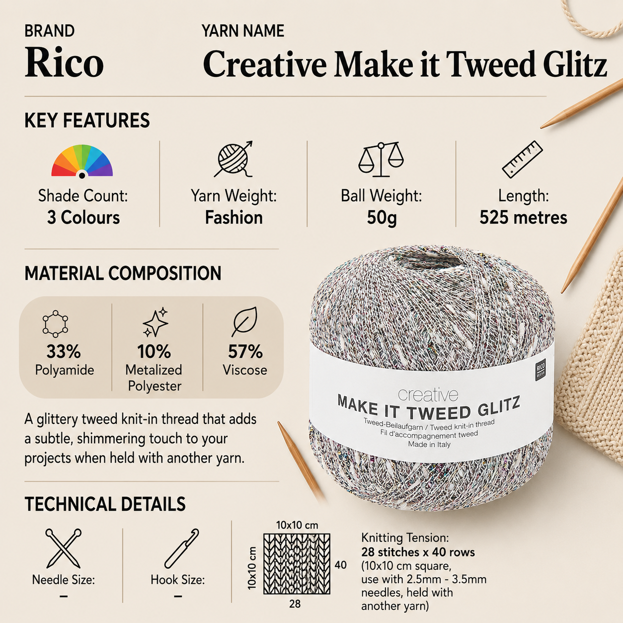 Rico Creative Make It Tweed Glitz Fashion Yarn - 50G, Viscose Polyamide Blend Confetti Metallic Sparkle Crochet & Knitting Tweed Yarn for Sweaters, Beanies & Wraps