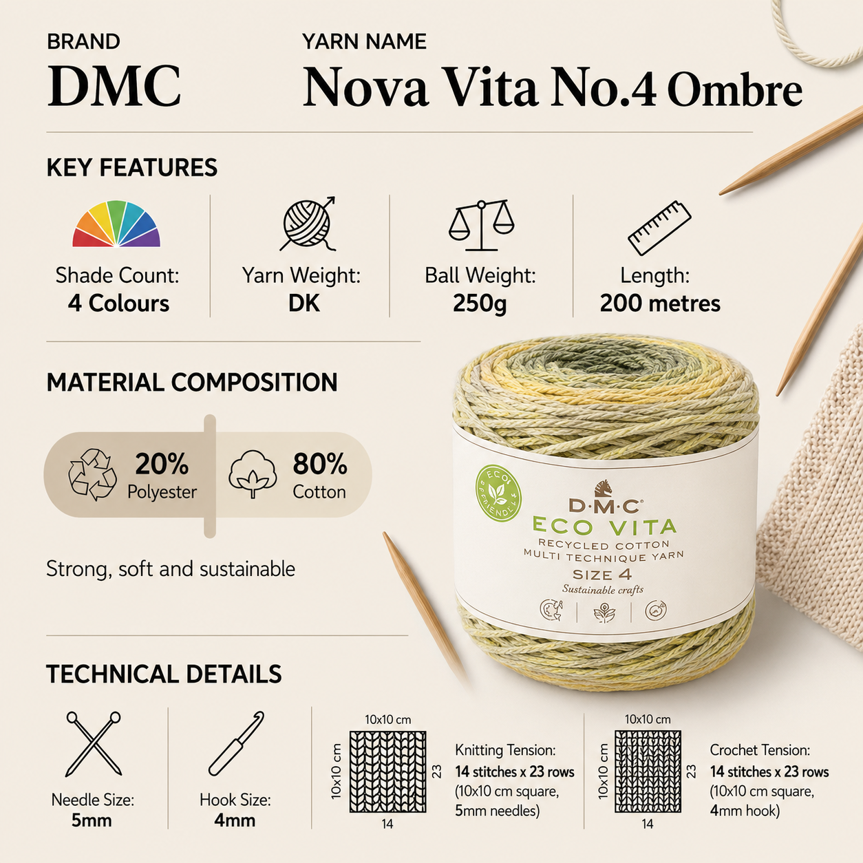 DMC Nova Vita No.4 Ombre Chunky Yarn for Crochet - 250g, Soft Recycled Cotton Blend Knitting Yarn for Macramé, Home Décor & Crafting