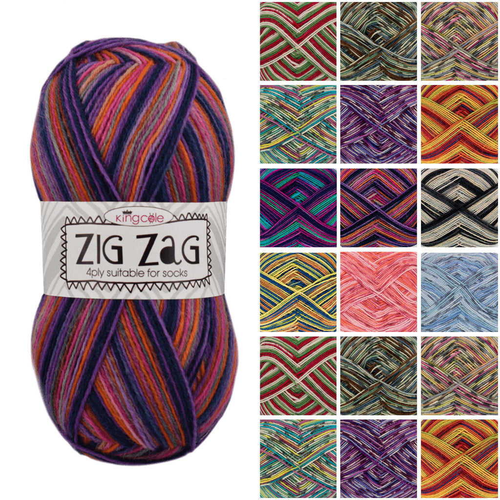 King Cole Zig Zag 4 Ply Yarn Premium Self-Striping Sock & Craft Wool Blend Knitting & Crochet Yarn for Socks & Accessories - 100g Ball