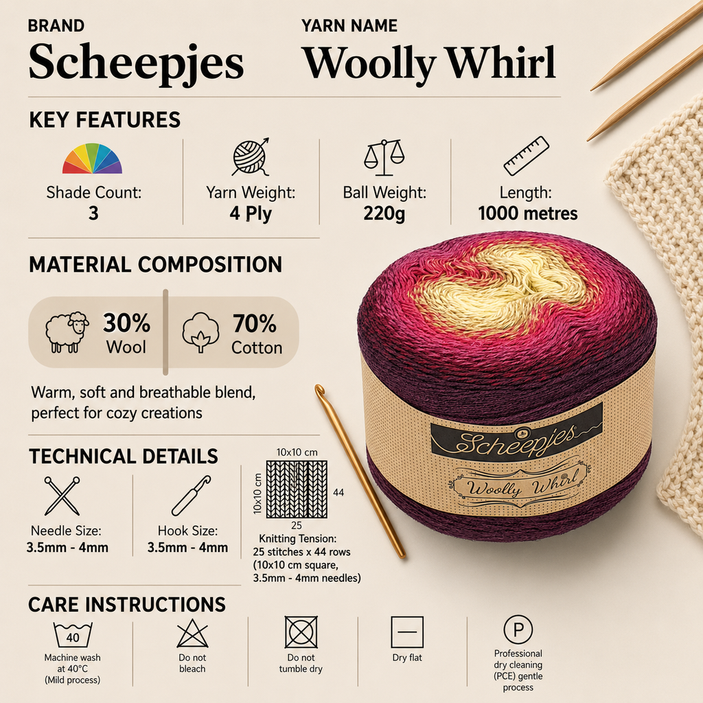 Scheepjes Woolly Whirl 4 Ply Yarn Cake - 220g, Soft Wool & Cotton Blend Gradient Twined Crochet & Knitting Yarn for Shawls And Wraps