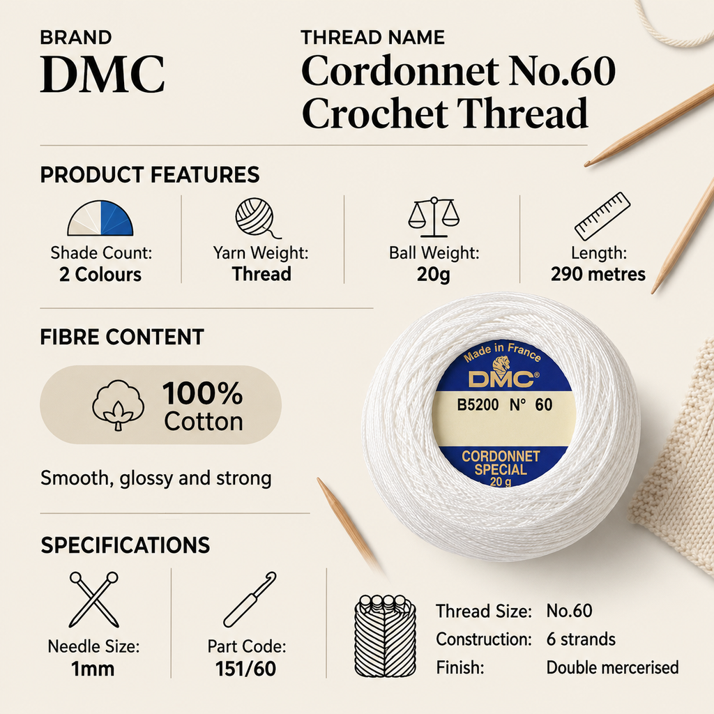 DMC Cordonnet No.60 Crochet Thread Yarn - 20g, 100% Double Mercerised Cotton, 6-Ply High-Gloss Strong Knitting Thread for Lacework, Doilies & Crafts