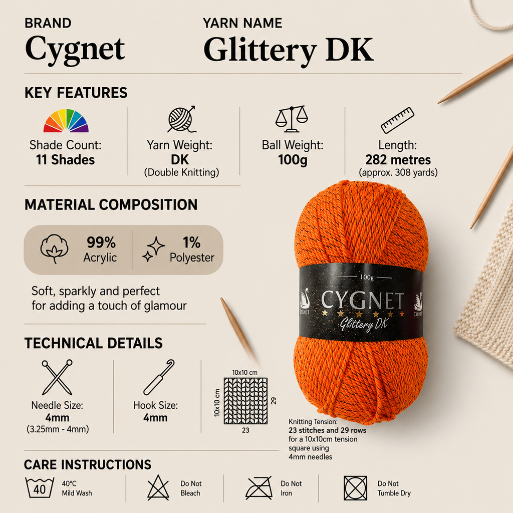 Cygnet Glittery Double Knit (DK) Yarn - 100g, Acrylic Glittery Sparkle Double Knitting Yarn for Festive Garments and Accessories