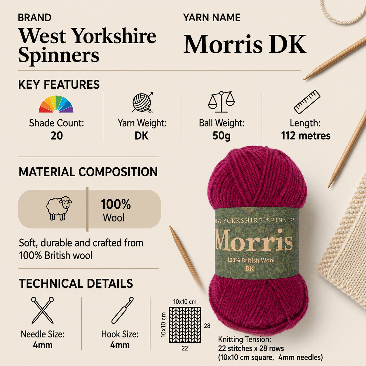 West Yorkshire Spinners Morris DK Yarn - 50g, 100% British Wool Soft Rustic Double Knitting Crochet Yarn for Luxury Garments, Homewares & Crafts