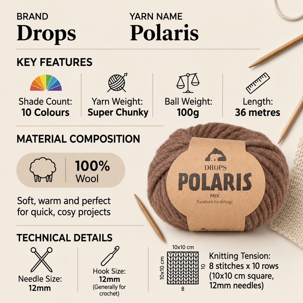 Drops Polaris Super Chunky Yarn - 100g, 100% Natural Wool Rustic Texture Bulky Thick Crochet & Knitting Wool for Winter Ponchos, Bags & Cosy Accessories