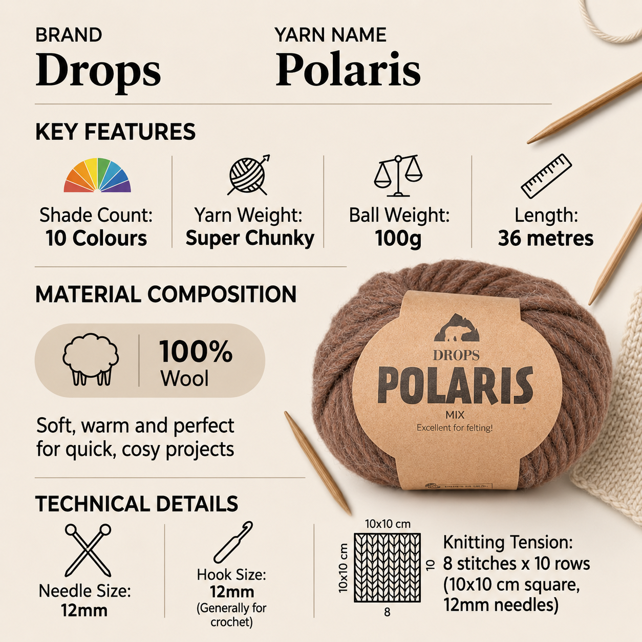Drops Polaris Super Chunky Yarn - 100g, 100% Natural Wool Rustic Texture Bulky Thick Crochet & Knitting Wool for Winter Ponchos, Bags & Cosy Accessories