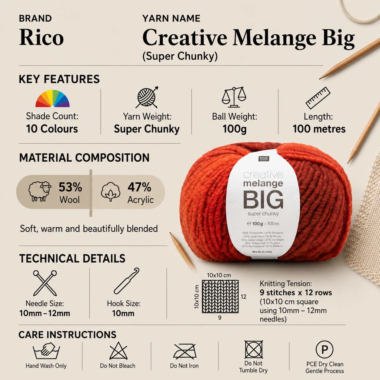 Rico Creative Melange Big Super Chunky Yarn - 100G, Luxury Wool Acrylic Blend Self Striping Gradient Thick Bulky Crochet Knitting Wool for Sweaters, Snoods & Hats