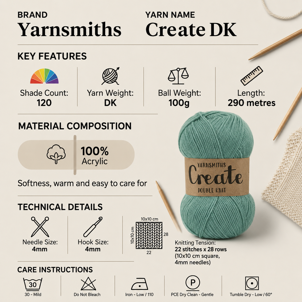 Yarnsmiths Create DK Crochet Yarn - 100g, Luxury 100% Acrylic Soft Double Knitting Wool for Blanket, Dolls & Everyday Garments