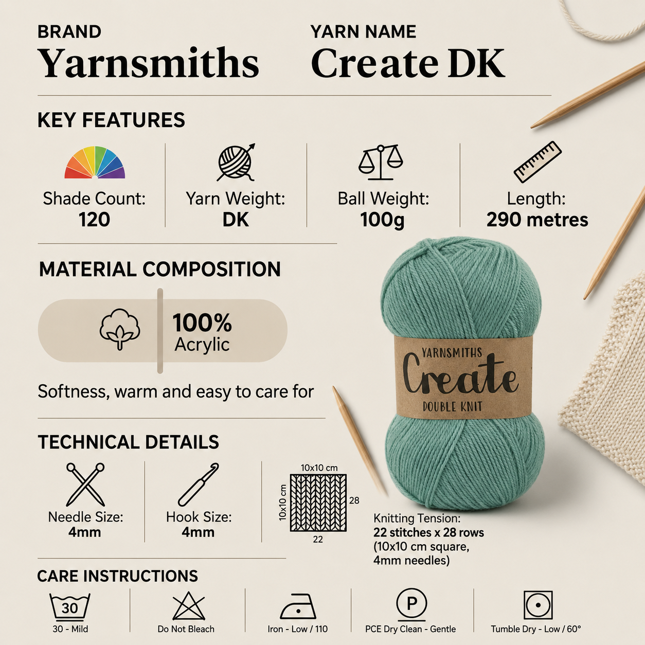 Yarnsmiths Create DK Crochet Yarn - 100g, Luxury 100% Acrylic Soft Double Knitting Wool for Blanket, Dolls & Everyday Garments