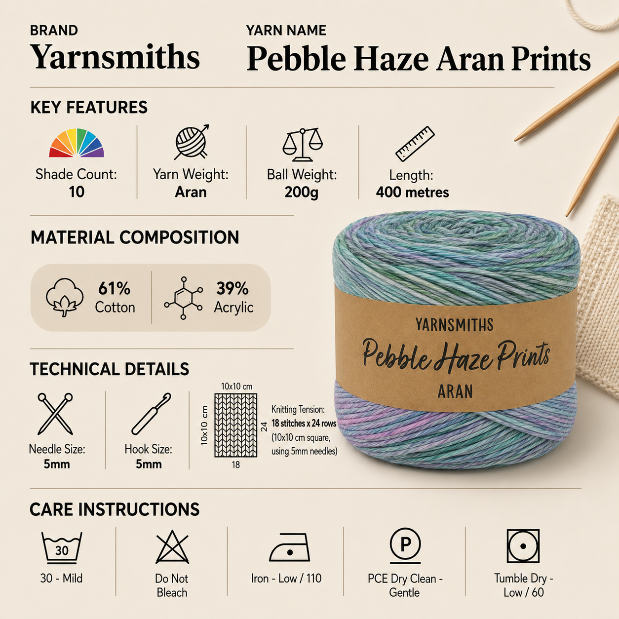 Yarnsmiths Pebble Haze Aran Prints Aran Yarn - 200g, Cotton & Acrylic Blend Soft Variegated Crochet & Knitting Blown Yarn for Winter Cozy Blankets & Garments