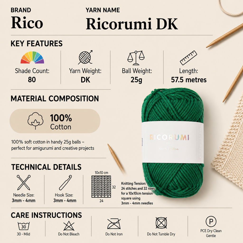 Rico Ricorumi DK Yarn for Crochet - 25G, 100% Cotton Amigurumi Soft Double Knitting Wool for Amigurumi Plushies, Granny Squares Blankets & Toys