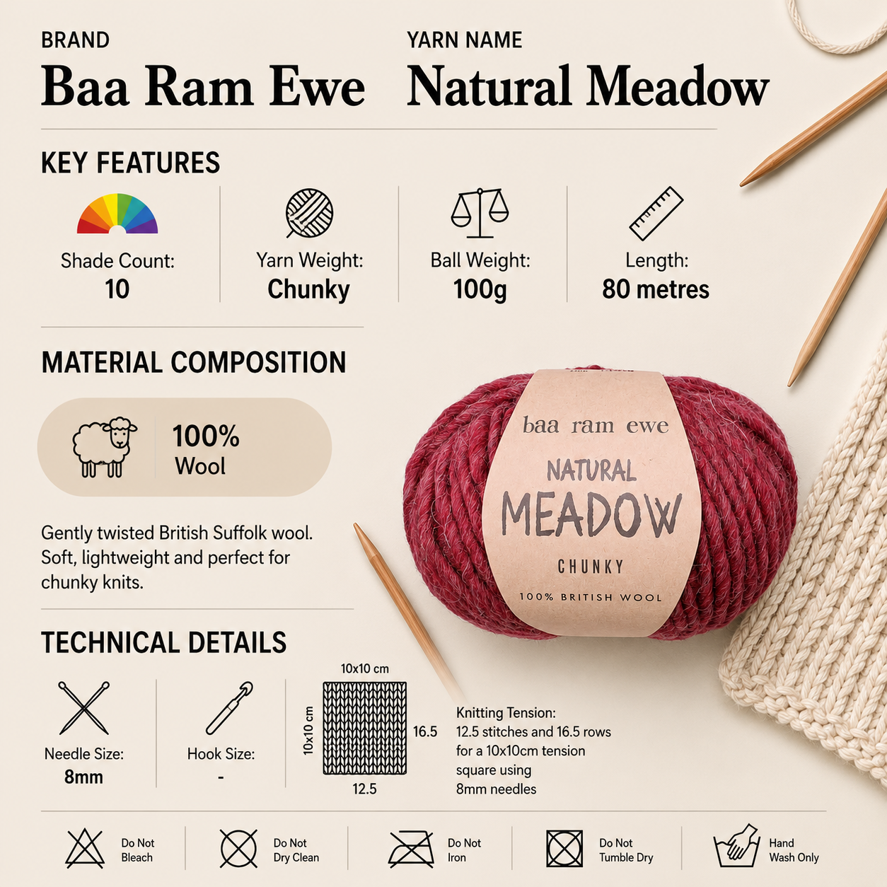 Baa Ram Ewe Meadow Super Chunky Yarn - 100g, 100% British Suffolk Wool for Knitting & Crochet, Soft Lightweight Yarn for Garments, Blankets & Accessories