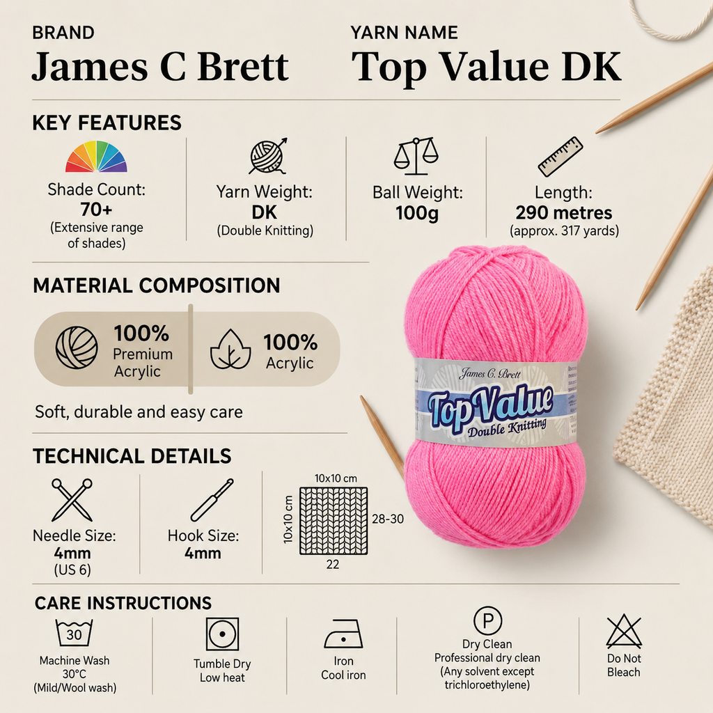 James C Brett Top Value DK Crochet Yarn - 100g, 100% Acrylic Double Knitting Wool Yarn for Blankets, Jumpers, Hats & Toys