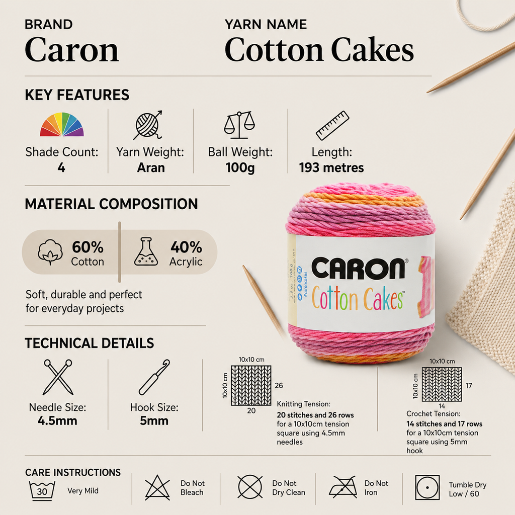 Caron Cotton Cakes Aran Crochet Yarn - 100g, Cotton Acrylic Blend Self-Striping Crochet & Knitting Gradient Yarn for Summer Lightweight Garments