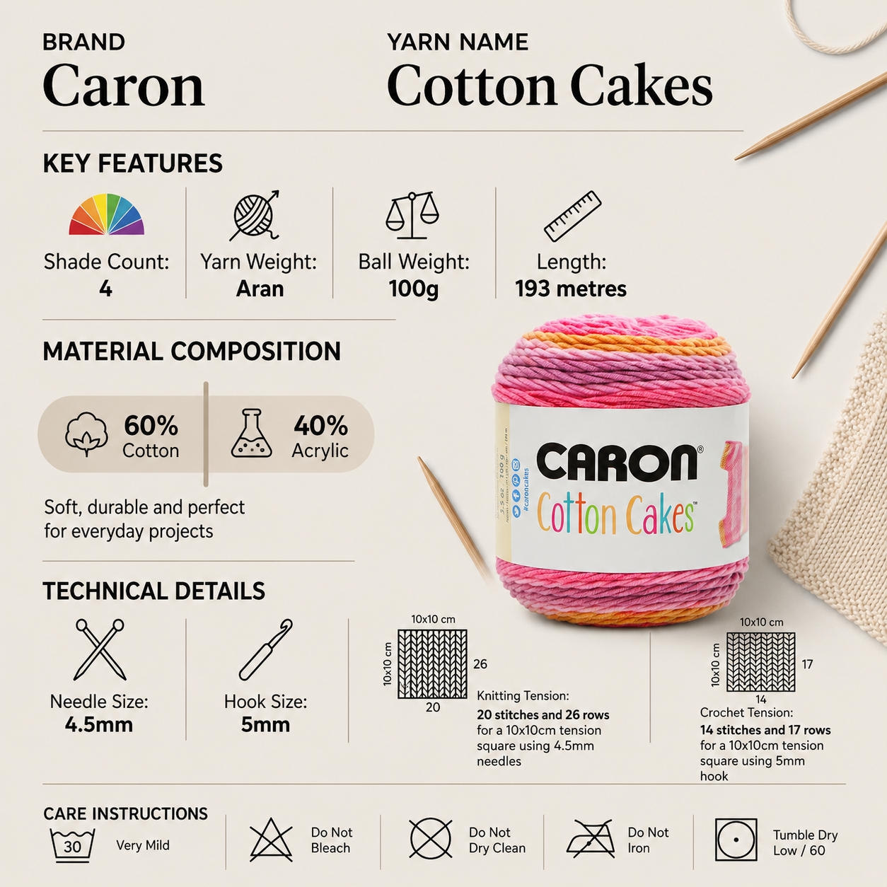 Caron Cotton Cakes Aran Crochet Yarn - 100g, Cotton Acrylic Blend Self-Striping Crochet & Knitting Gradient Yarn for Summer Lightweight Garments