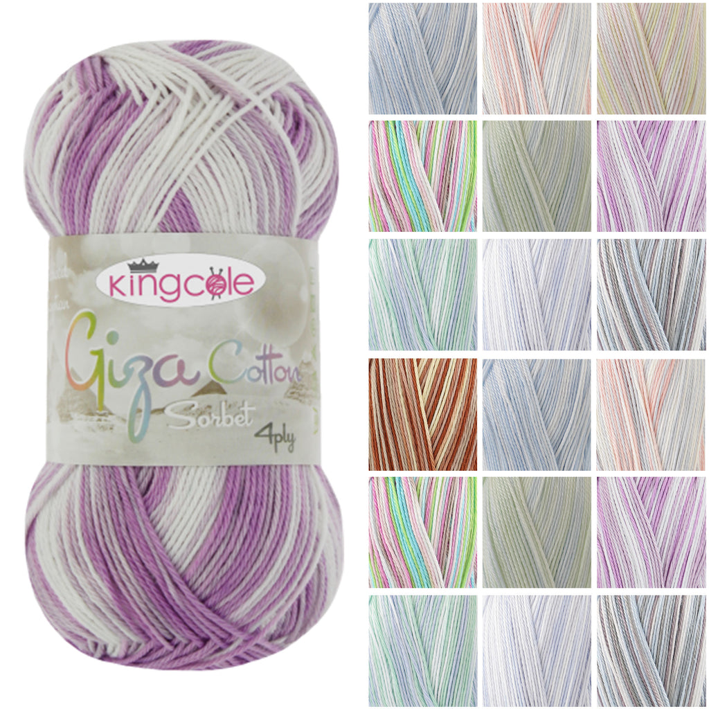 King Cole Giza Cotton Sorbet 4 Ply Yarn – 100% Mercerised Egyptian Cotton Variegated 158m for Lightweight Knits - 50g