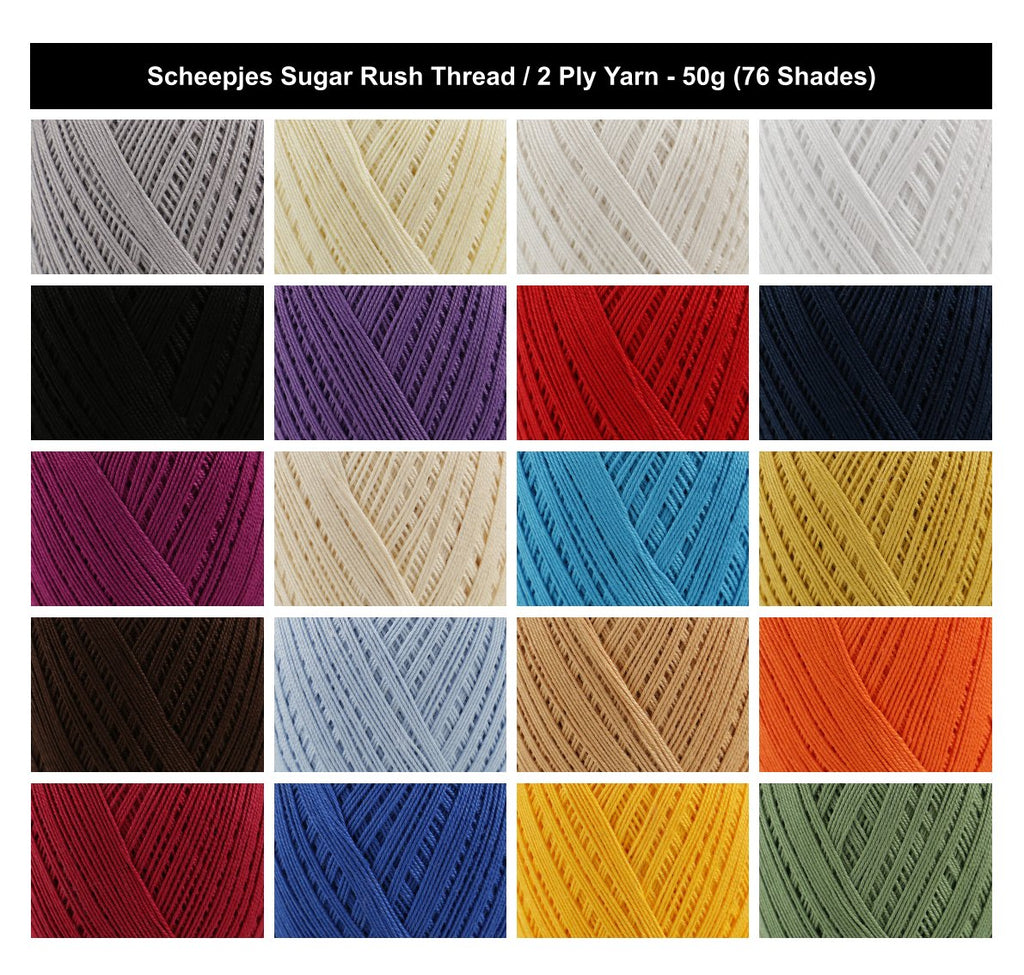 Scheepjes Sugar Rush 2 Ply Crochet Yarn - 50g, 100% Mercerised Cotton Thread Lace Weight Yarn for Mesh Bags, Doilies & Garment Projects
