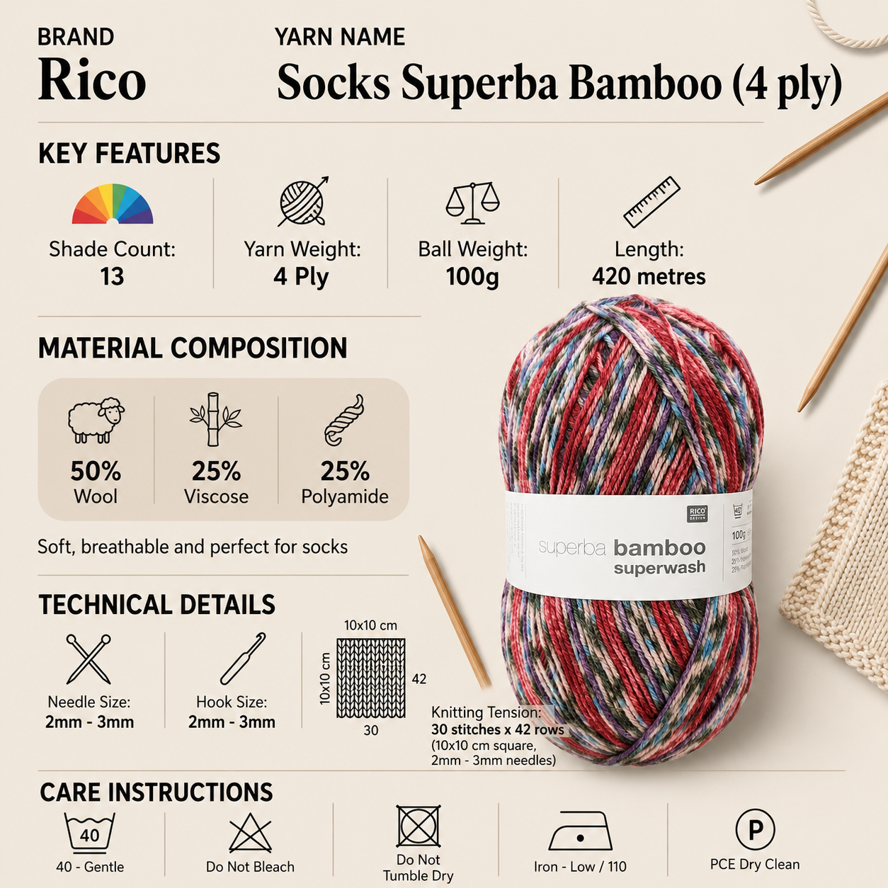Rico Socks Superba Bamboo 4 Ply Yarn - 100G, Wool Viscose Polyamide Blend Self-Patterning Soft Crochet Sock Knitting Wool for Socks, Shawls, Mitts & Gloves