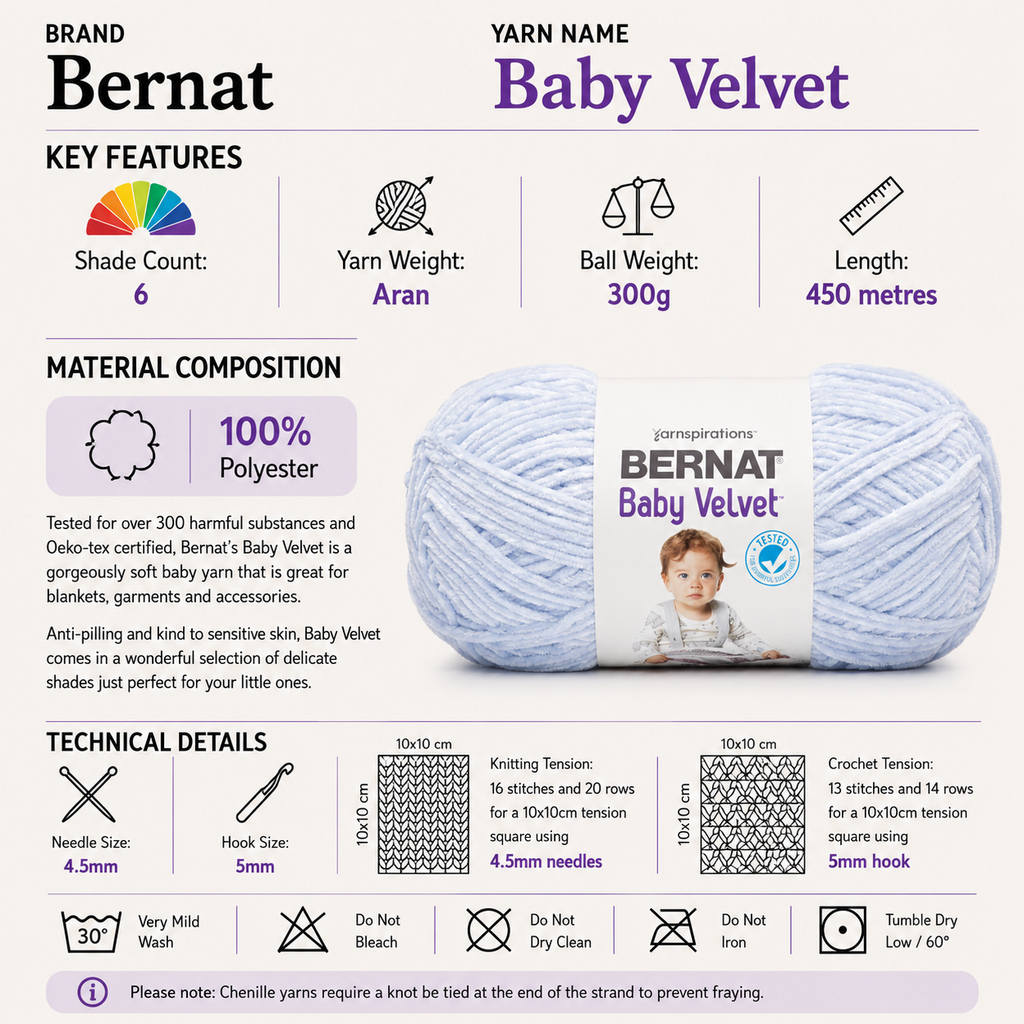 Bernat Baby Velvet Aran Yarn for Crochet - 300G, Luxury 100% Polyester Anti-Pilling Soft Chenille Knitting Baby Wool for Crochet Blankets & Garments