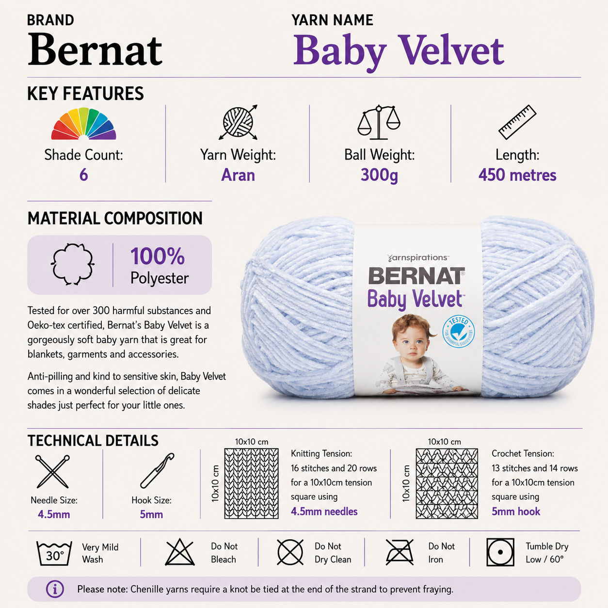Bernat Baby Velvet Aran Yarn for Crochet - 300G, Luxury 100% Polyester Anti-Pilling Soft Chenille Knitting Baby Wool for Crochet Blankets & Garments