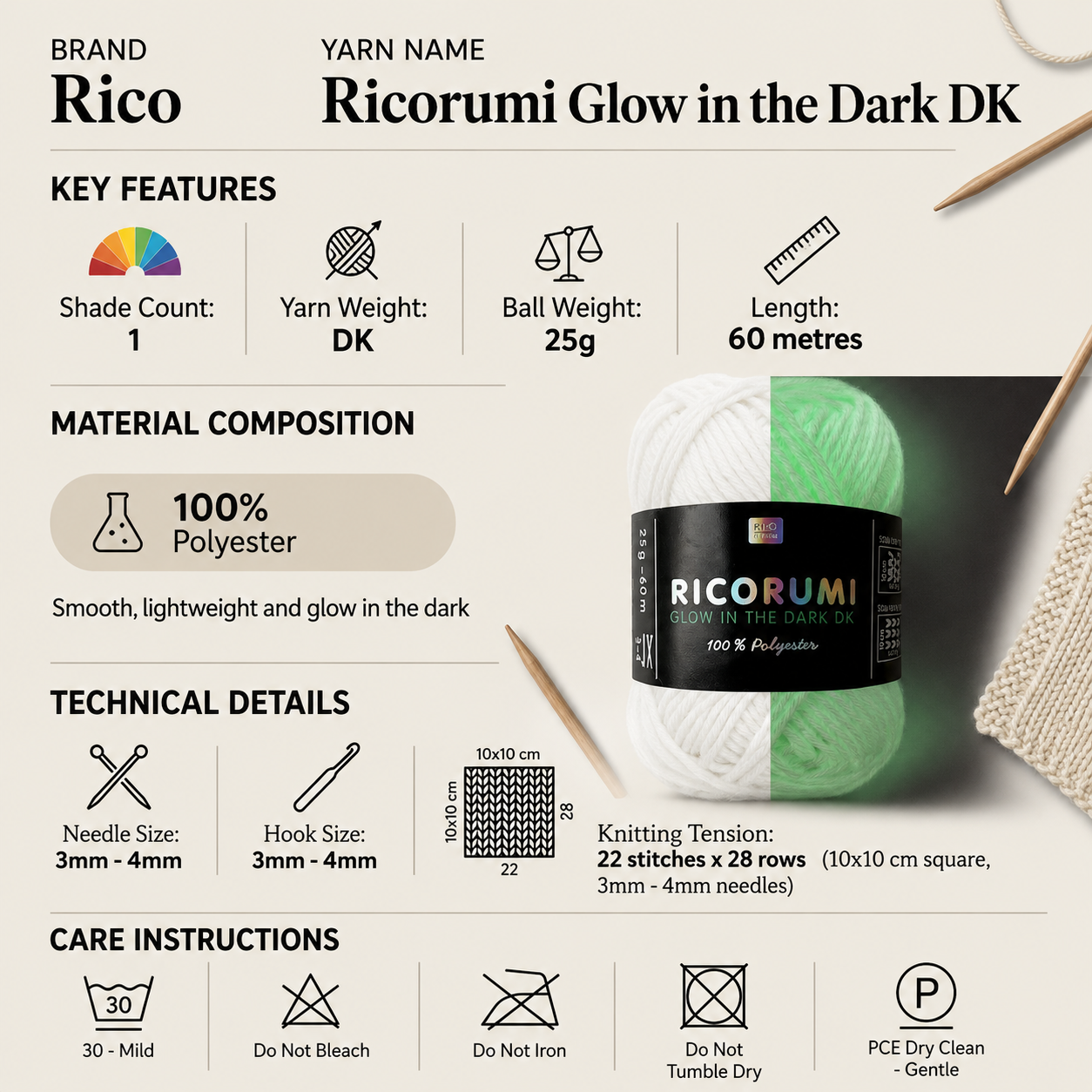 Rico Ricorumi Glow In The Dark DK Yarn - 25G, Luxury 100% Polyester Novelty Glow Amigurumi Double Knitting & Crochet Yarn for Spooky Halloween Toys & Decorations