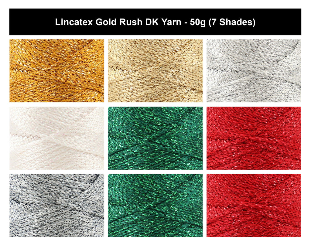 Lincatex Gold Rush DK Crochet Yarn - 50g, Viscose & Metallic Polyester Sparkly Holiday Decoration Double Knitting Wool for Garments, Accessories & Crafting