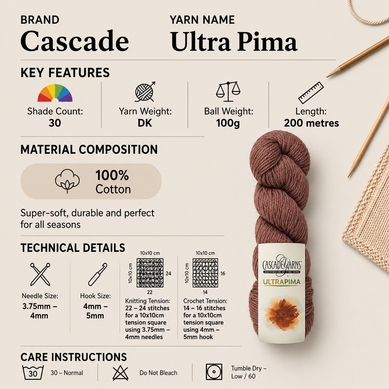 Cascade Ultra Pima DK Crochet Yarn - 100g, Luxury 100% Pima Cotton Soft Double Knitting Wool for Garments, Accessories & Warm Weather Projects