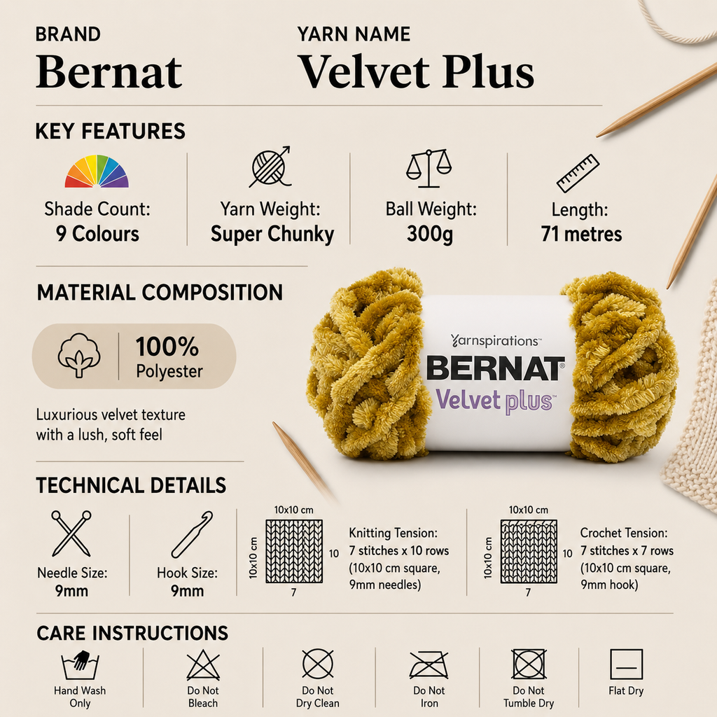 Bernat Velvet Plus Super Chunky Yarn - 300G, 100% Polyester Soft Chenille Luxurious Knitting Wool for Blankets, Cushions, Throws & Home Decor Projects