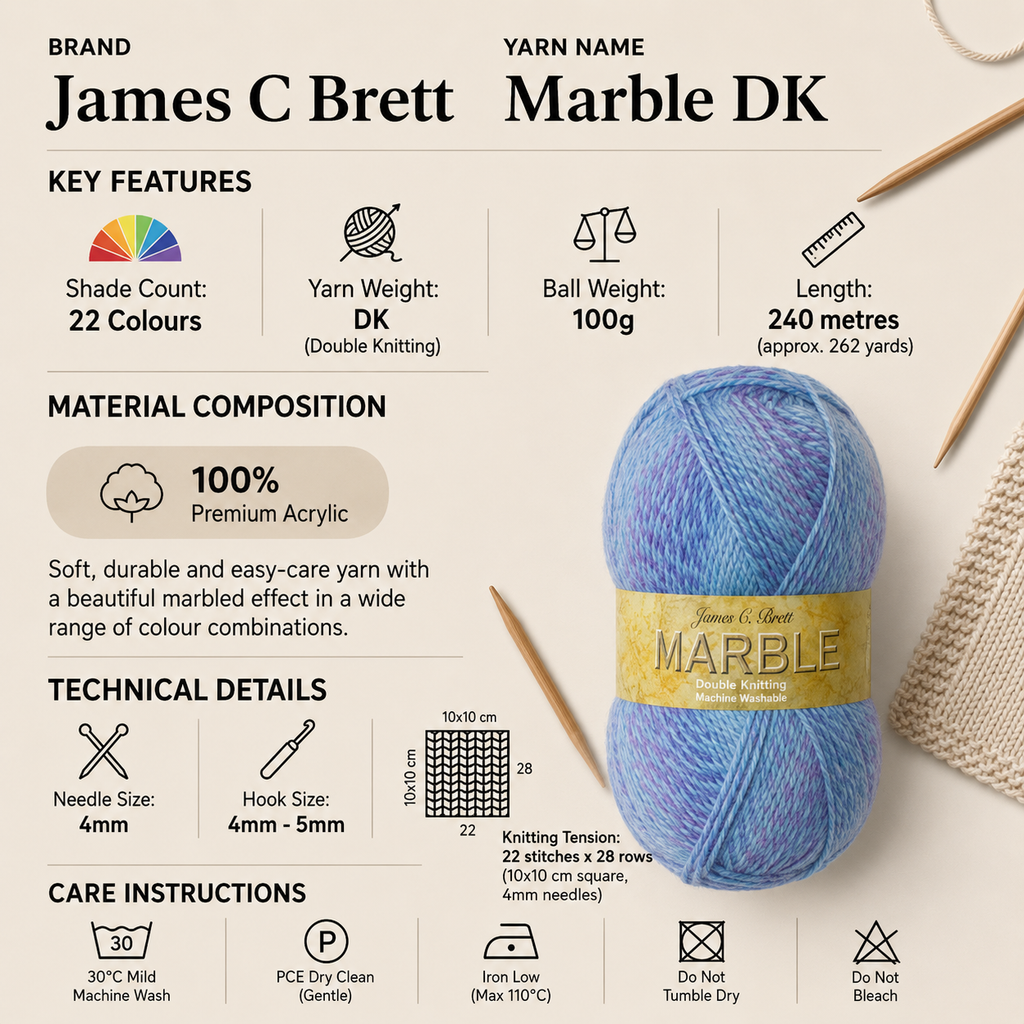James C Brett Marble DK Yarn - 100g, 100% Acrylic Contrast Colour in Bright & Earthy Shades Crochet Double Knitting Wool for Cardigans, Jumpers, Sweaters & Jackets