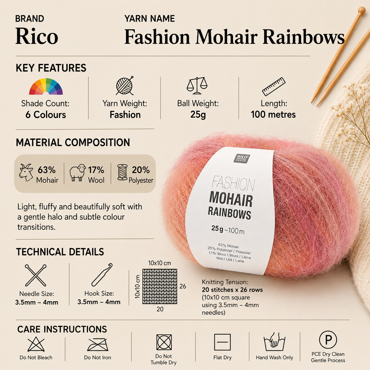 Rico Fashion Mohair Rainbows Crochet Yarn - 25G, Luxury Mohair Polyester Wool Blend Fashion Weight Self Striping Fluffy Knitting Wool Yarn for Scarves, Shawls & Shawls
