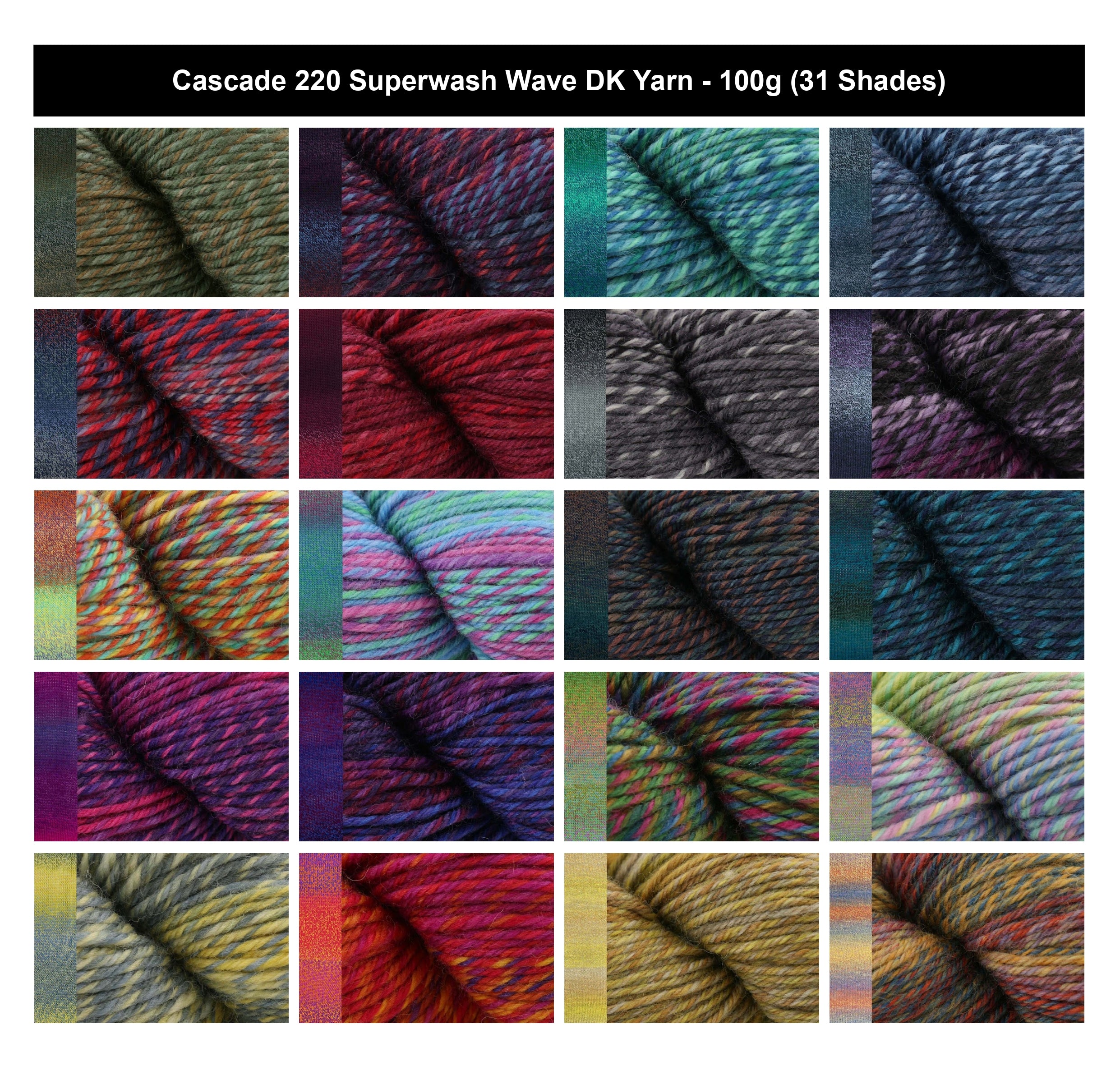 Cascade 220 Superwash Wave DK Yarn - 100g, 100% Superwash Wool Variegated Double Knitting & Crochet Yarn for Sweaters, Scarves & Accessories