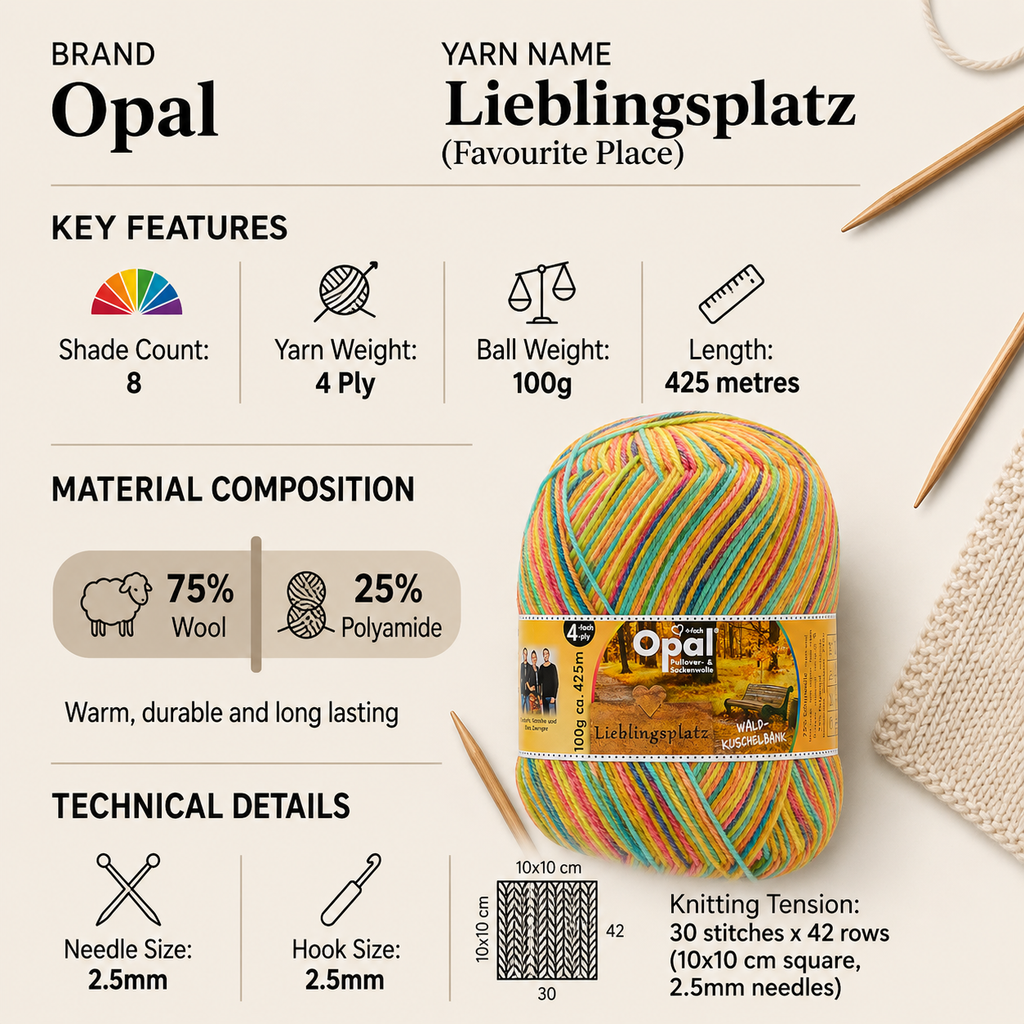 Opal Lieblingsplatz 4 Ply Yarn - 100g, Wool Blend Lightweight Self-Patterning Knitting Sock Yarn for Crochet Shawls, Hats, Gloves & Children's Garments