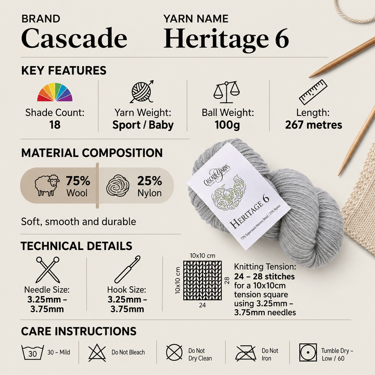 Cascade Heritage 6 Sport Weight Baby Yarn - 100g, Luxury Wool & Nylon Blend Lace Crochet Yarn Sock Knitting Wool for Socks, Garments & Everyday Accessories