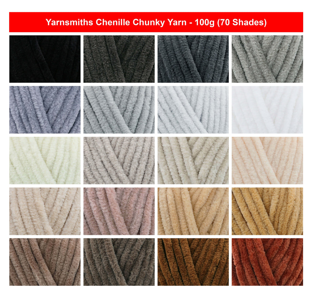 Yarnsmiths Chenille Chunky Yarn - 100g, 100% Polyester Velvet Yarn Crochet & Knitting Wool in Pastel Shades for Toys, Blankets & Amigurumi