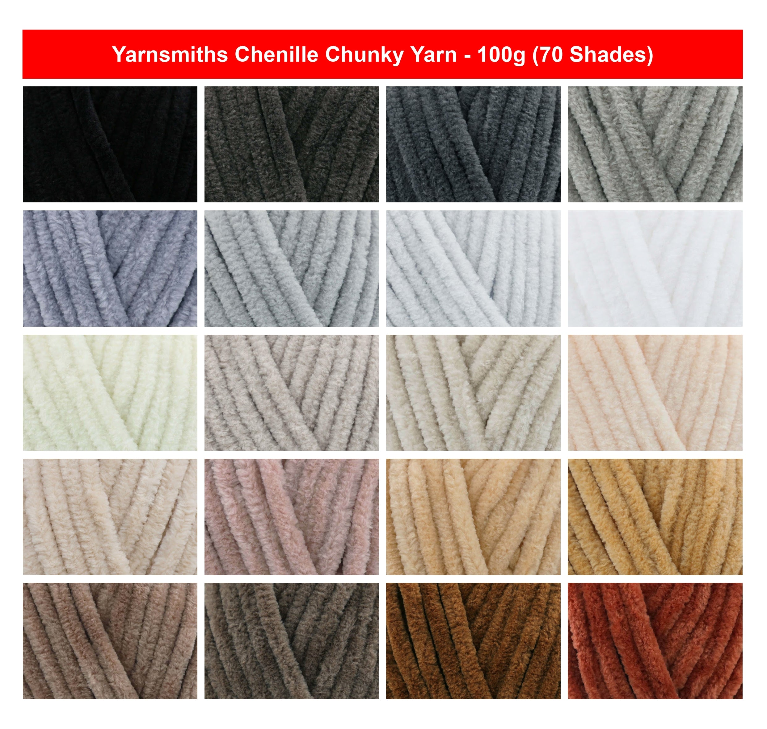 Yarnsmiths Chenille Chunky Yarn - 100g, 100% Polyester Velvet Yarn Crochet & Knitting Wool in Pastel Shades for Toys, Blankets & Amigurumi