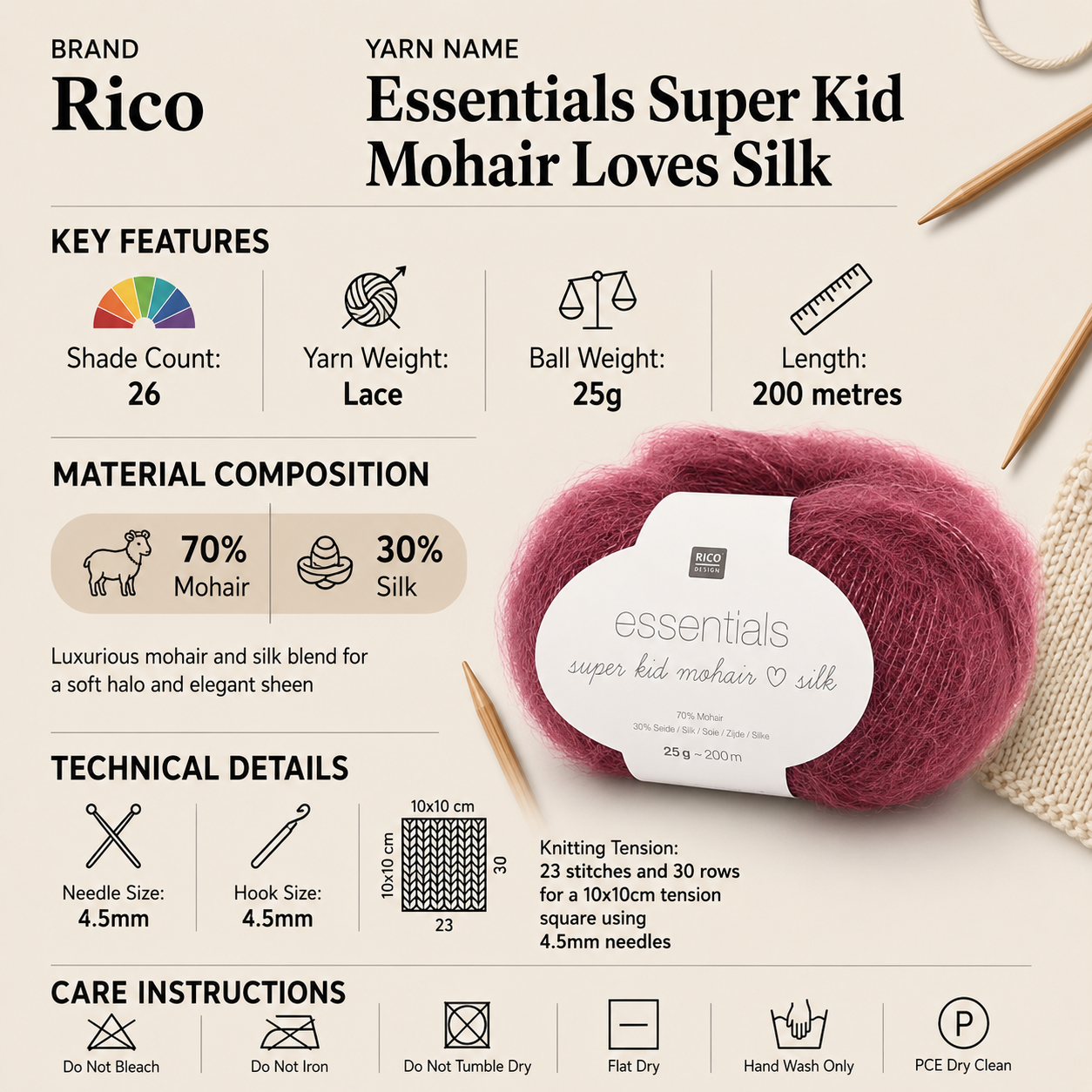 Rico Essentials Super Kid Mohair Loves Silk Lace Yarn - 25G, Luxury Mohair Silk Blend Brushed Halo Knitting & Crochet Yarn Thread for Cardigans, Jumper & Sweaters
