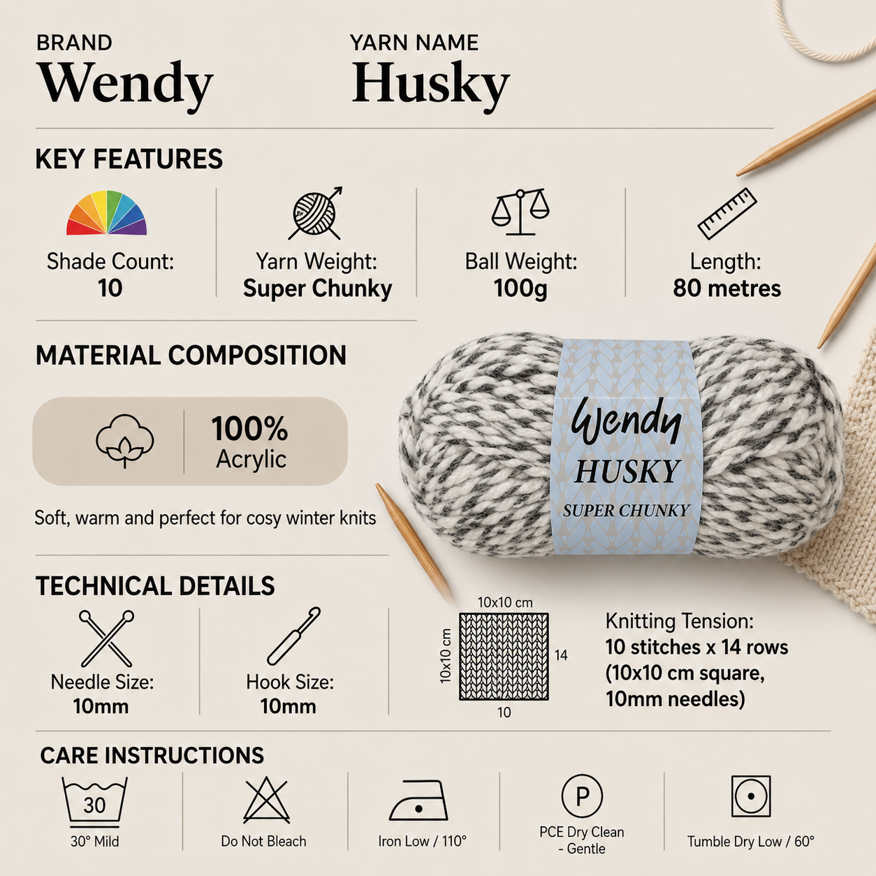 Wendy Husky Super Chunky Yarn for Crochet - 100g, Luxury 100% Acrylic Twisted Marbled Color Thick Knitting Wool for Cozy Winter Cardigans, Jumpers & Sweaters