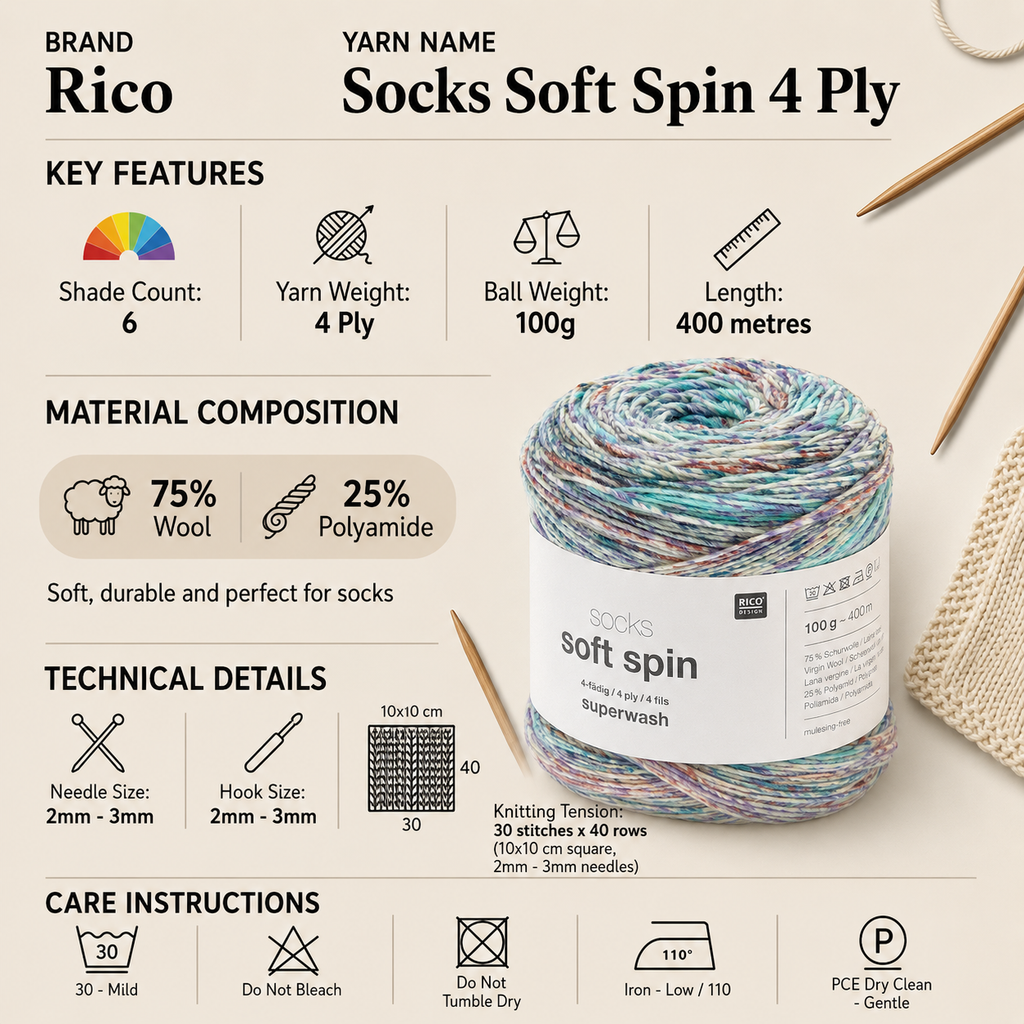 Rico Socks Soft Spin 4 Ply Crochet Yarn - 100G, Polyamide Wool Blend Variegated Tweed Effect Soft Spin Sock Knitting Wool Yarn for Adult Socks, Shawls & Wraps