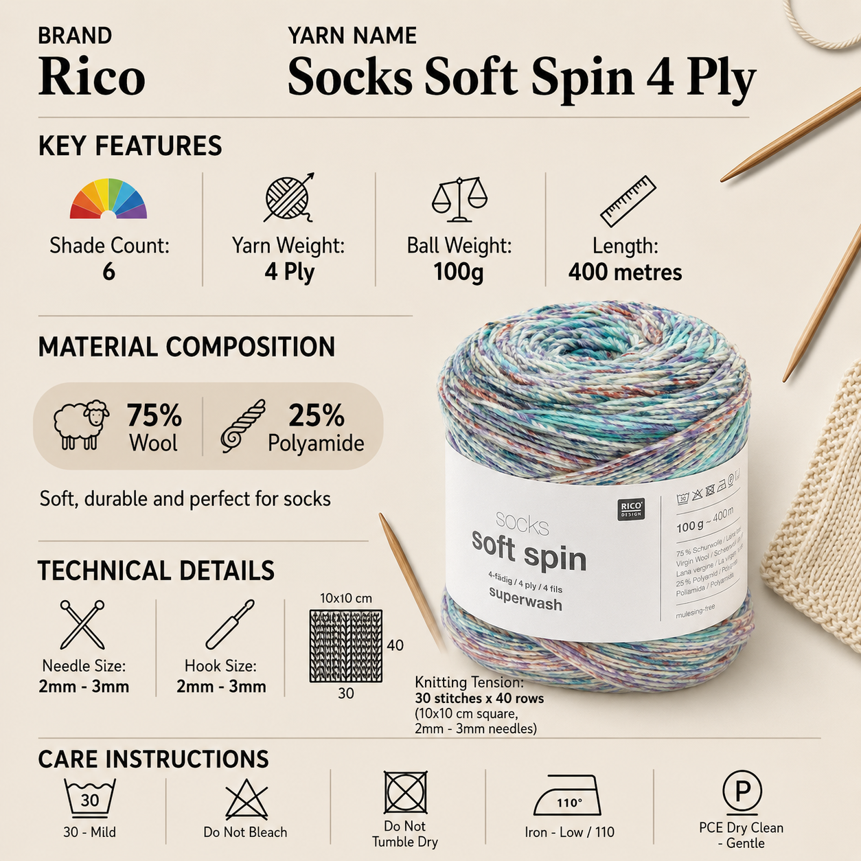 Rico Socks Soft Spin 4 Ply Crochet Yarn - 100G, Polyamide Wool Blend Variegated Tweed Effect Soft Spin Sock Knitting Wool Yarn for Adult Socks, Shawls & Wraps