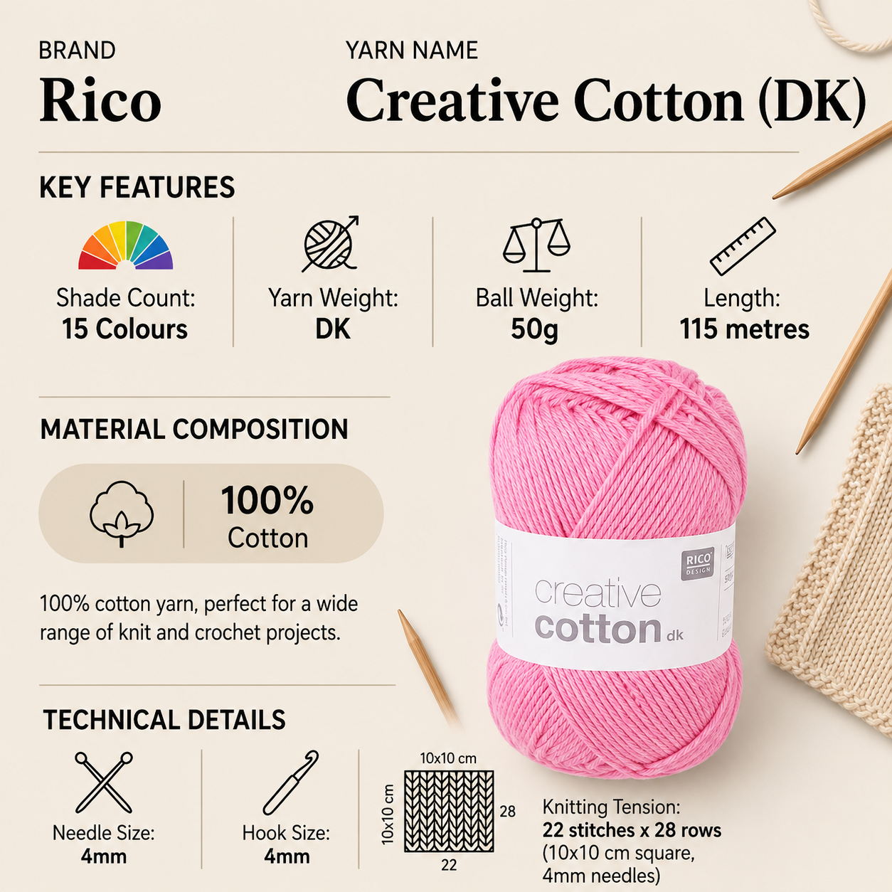 Rico Creative Cotton DK Yarn for Crochet - 50G, Luxury 100% Pure Cotton Soft Double Knitting Wool for Amigurumi, Spring & Summer Cozy Garments